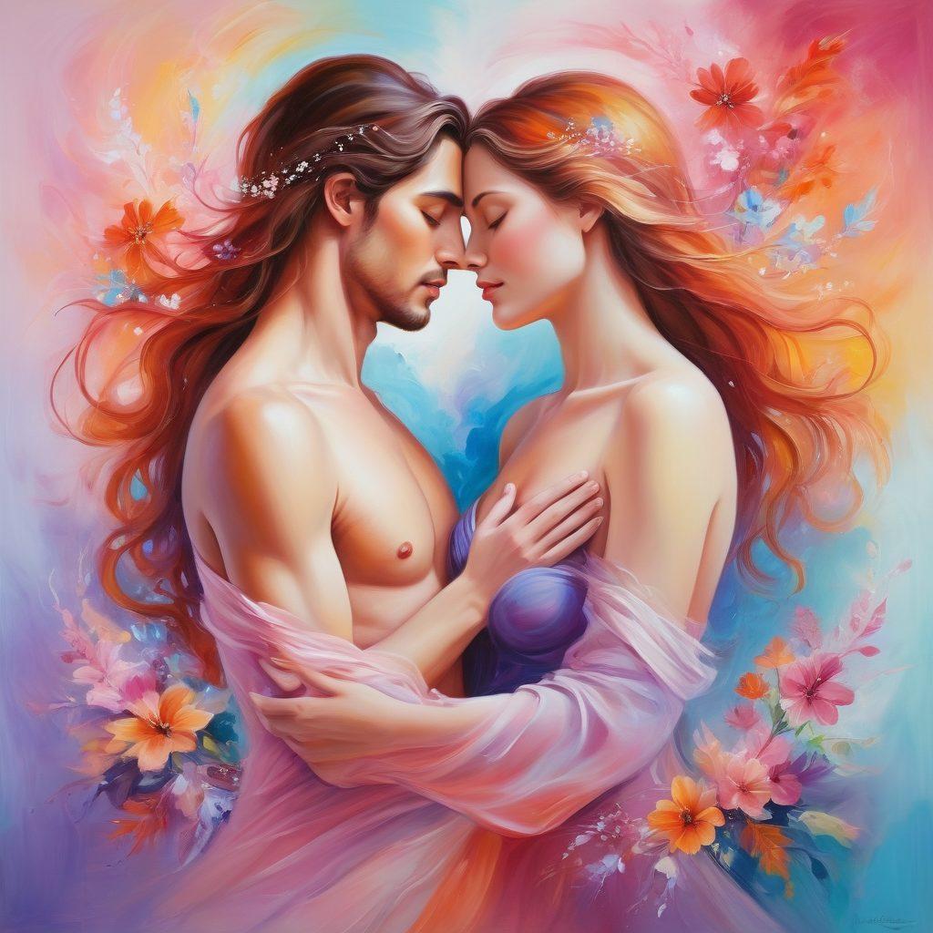 A serene and intimate setting showcasing two abstract figures engaged in a tender embrace, surrounded by soft, swirling colors representing emotions like passion and desire. Incorporate elements like blooming flowers and delicate hearts floating in the background to symbolize genuine connections. Add a subtle glow around them to enhance the sense of warmth and authenticity. painting. vibrant colors. ethereal style.