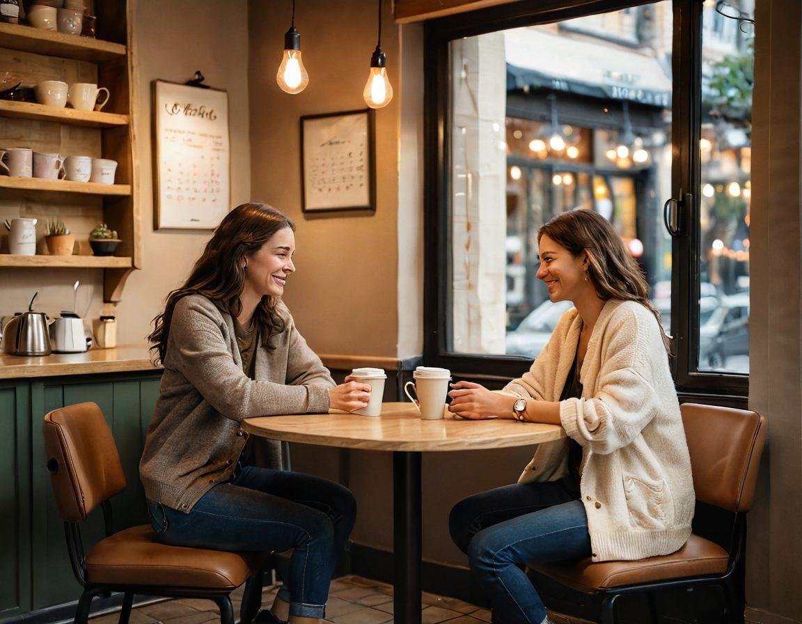 A warm and inviting setting where two individuals are sitting at a cozy cafe table, engaging in a genuine conversation with smiles, showcasing trust and openness. Soft lighting, friendly body language, and an atmosphere of connection, emphasizing the theme of trustworthy relationships. Include subtle elements like coffee cups and a date night calendar in the background. super-realistic. soft color palette. intimate ambiance.