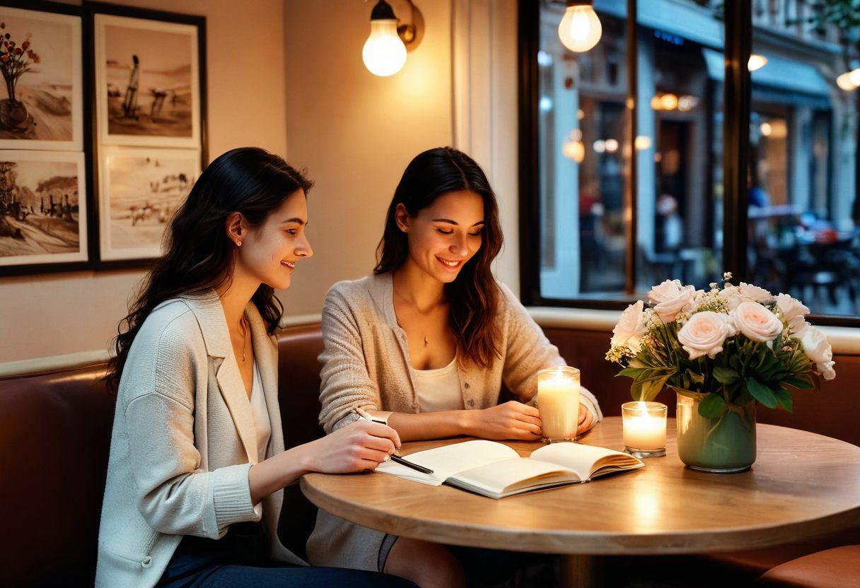 A warm, intimate setting featuring a couple sharing a candid moment in a cozy café, with soft lighting creating an inviting atmosphere. Decorative elements like flowers and candles enhance the romantic vibe. Include subtle hints of diverse cultural backgrounds, showcasing inclusivity. The table has a coffee cup and a small notebook, symbolizing the journey of authentic encounters. chic illustration. soft colors. whimsical touches.